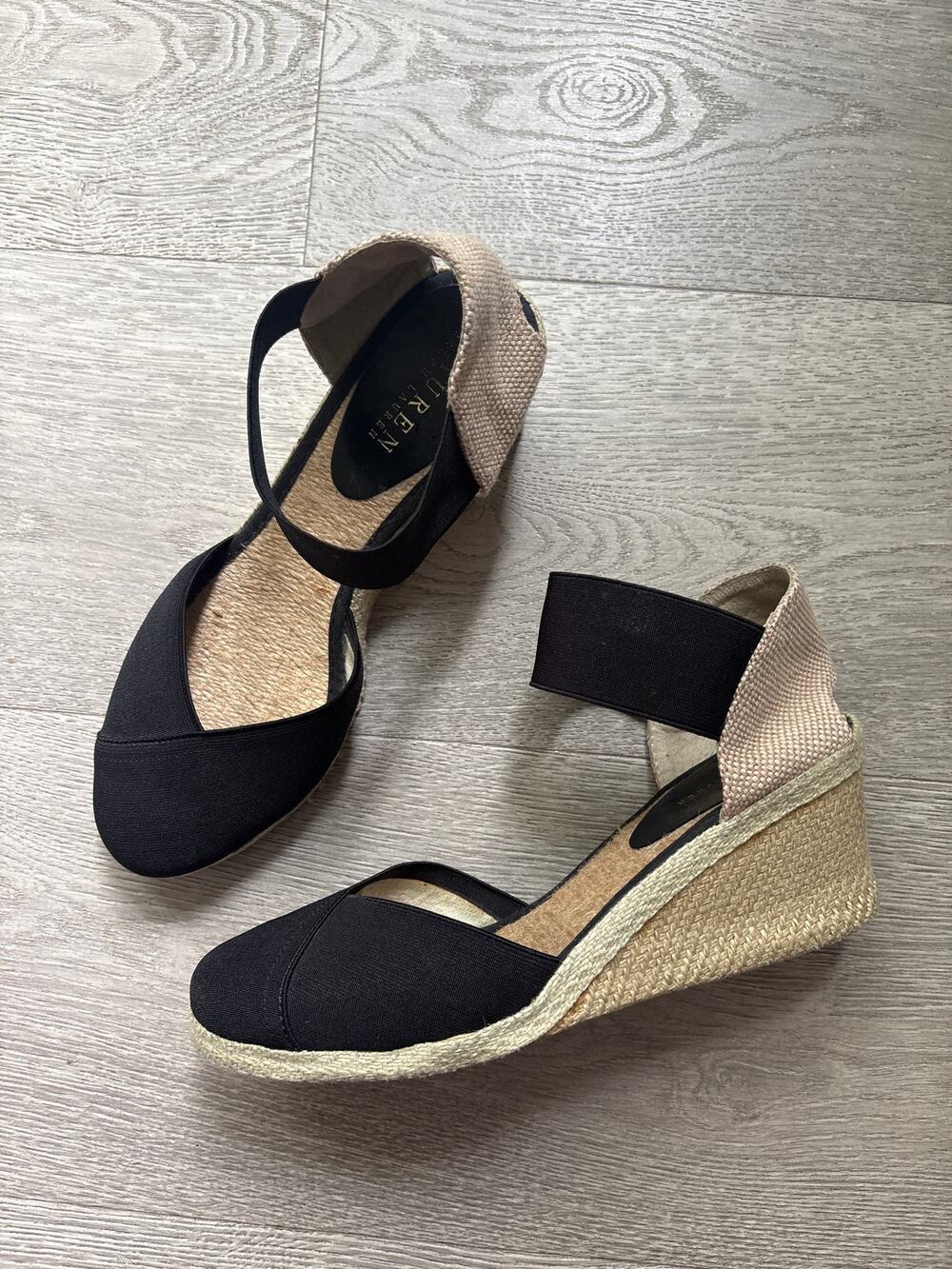 Lauren Ralph Lauren Charla Black Espadrille Wedge Sandals Size 8.5